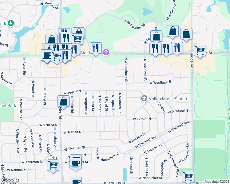 map of restaurants, bars, coffee shops, grocery stores, and more near 1934 North Topaz Street in Wichita