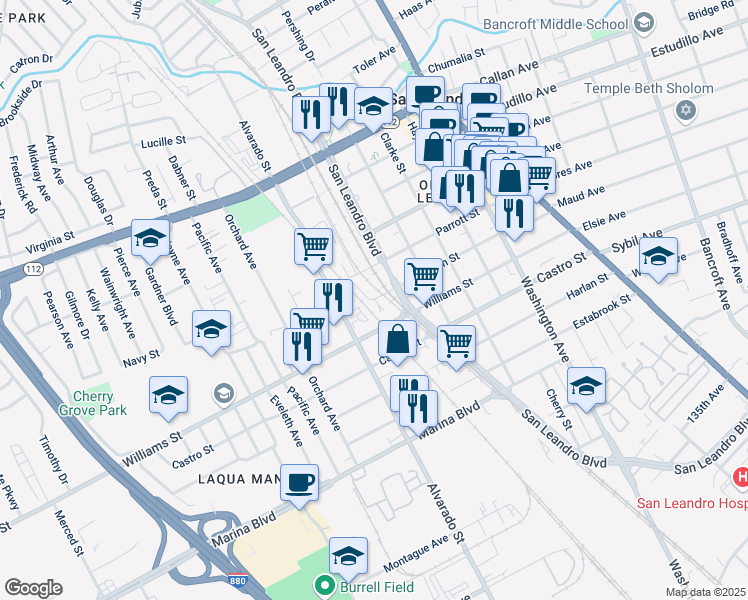 map of restaurants, bars, coffee shops, grocery stores, and more near 1699 Martinez Street in San Leandro