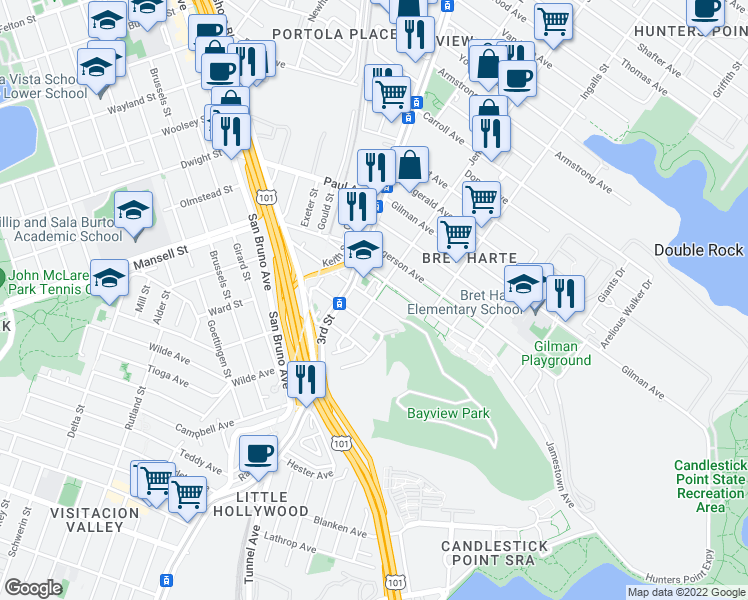 map of restaurants, bars, coffee shops, grocery stores, and more near Jennings Street & Key Avenue in San Francisco