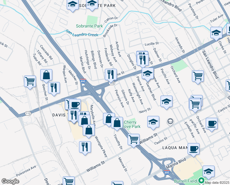 map of restaurants, bars, coffee shops, grocery stores, and more near 1313 Pearson Avenue in San Leandro