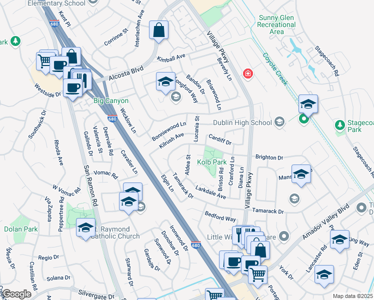 map of restaurants, bars, coffee shops, grocery stores, and more near 8224 Aldea Street in Dublin