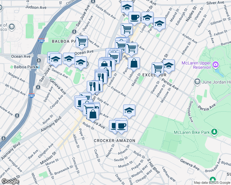 map of restaurants, bars, coffee shops, grocery stores, and more near in San Francisco