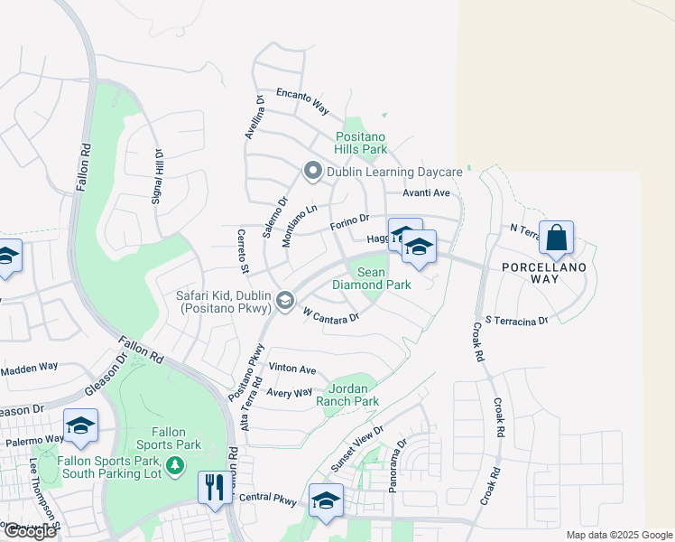 map of restaurants, bars, coffee shops, grocery stores, and more near 2333 Capistrello Street in Dublin