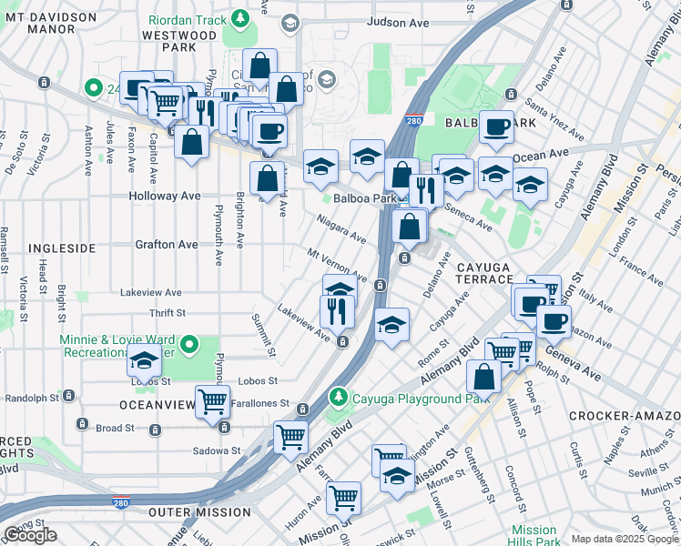 map of restaurants, bars, coffee shops, grocery stores, and more near 2 Mount Vernon Avenue in San Francisco