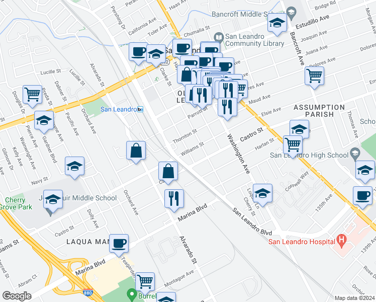 map of restaurants, bars, coffee shops, grocery stores, and more near 500 Williams Street in San Leandro