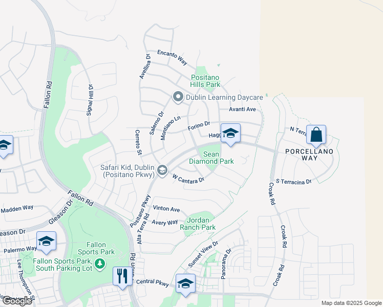 map of restaurants, bars, coffee shops, grocery stores, and more near 2333 Capistrello Street in Dublin