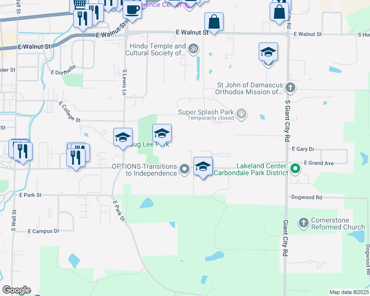 map of restaurants, bars, coffee shops, grocery stores, and more near 1200 East Grand Avenue in Carbondale