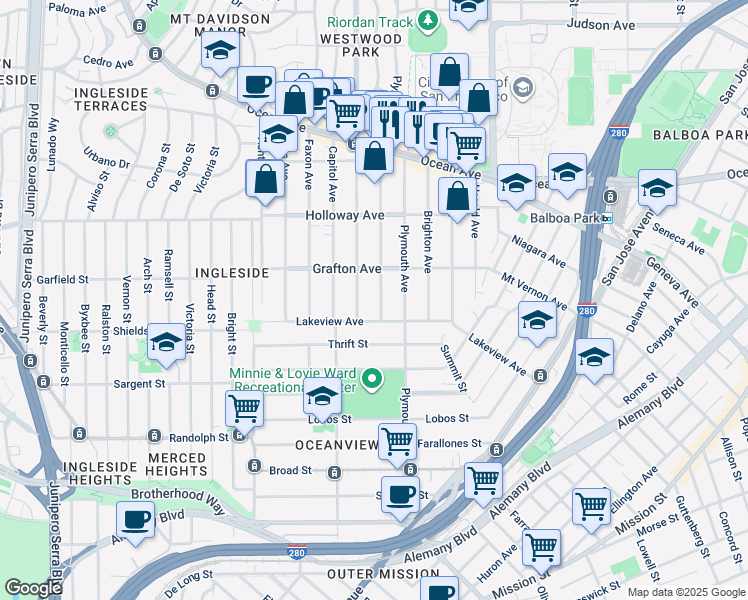 map of restaurants, bars, coffee shops, grocery stores, and more near 42 Granada Avenue in San Francisco