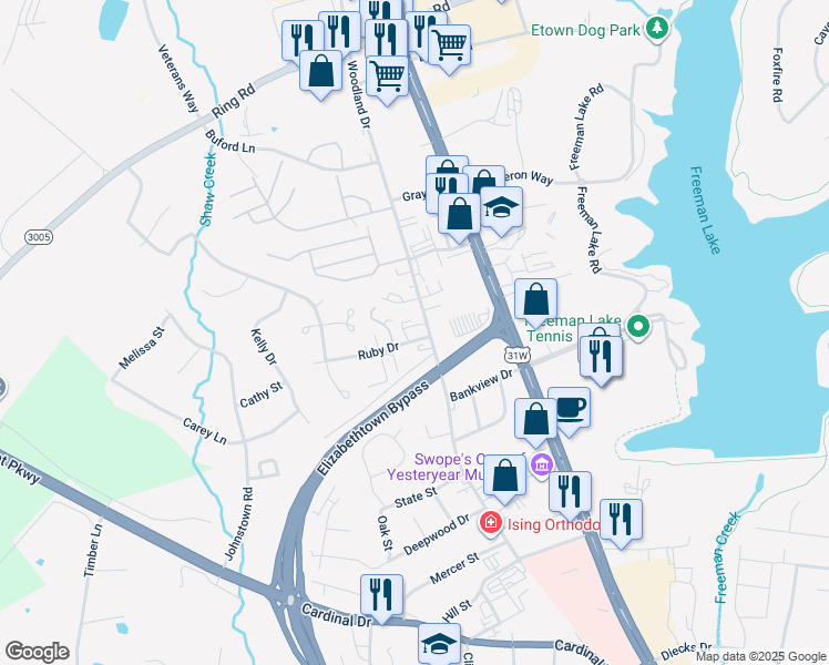 map of restaurants, bars, coffee shops, grocery stores, and more near 200204 Robina Court in Elizabethtown