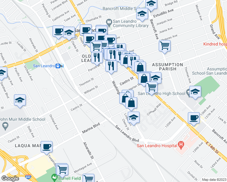map of restaurants, bars, coffee shops, grocery stores, and more near 225 Castro Street in San Leandro