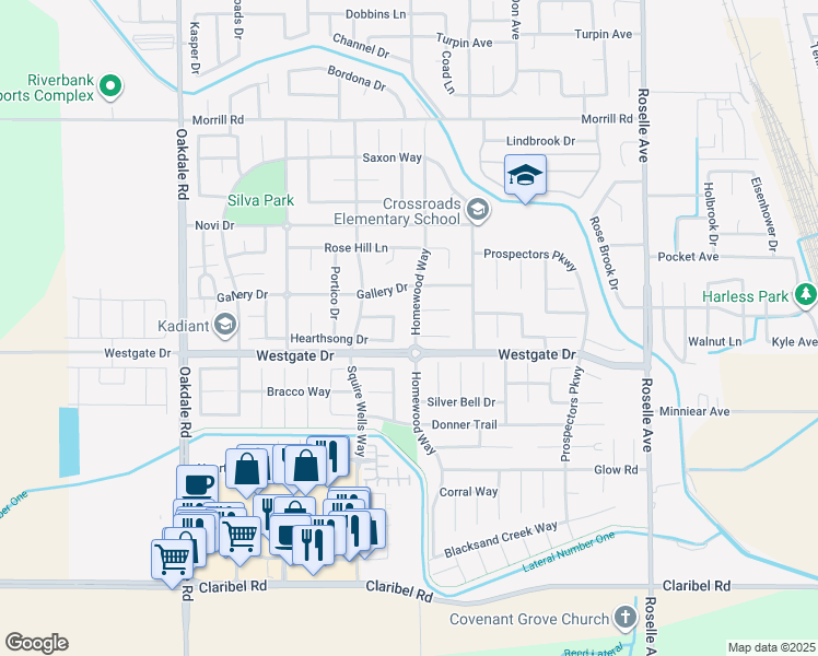 map of restaurants, bars, coffee shops, grocery stores, and more near 5515 Homewood Way in Riverbank