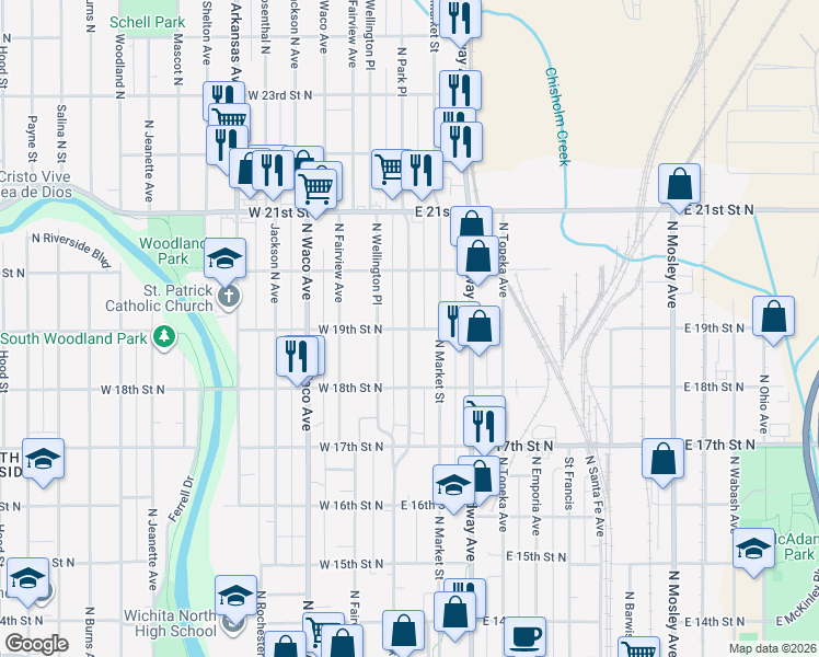 map of restaurants, bars, coffee shops, grocery stores, and more near 2000 North Park Place in Wichita