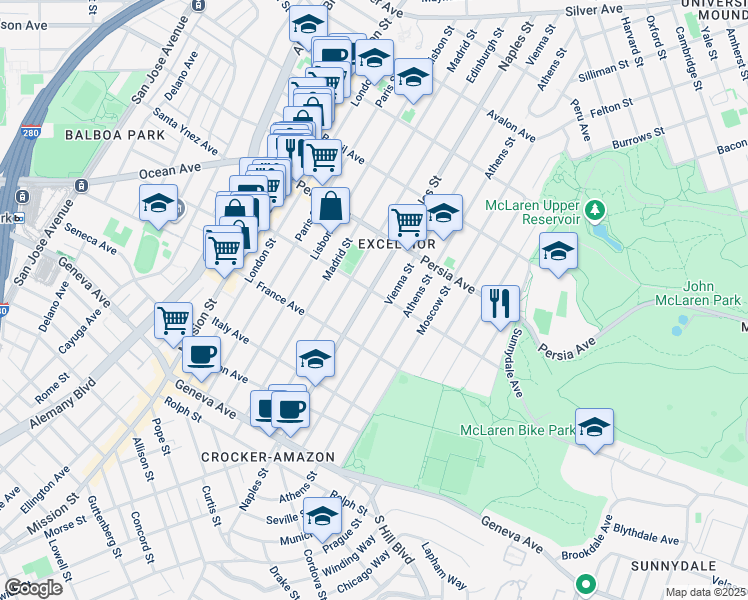 map of restaurants, bars, coffee shops, grocery stores, and more near 597 Vienna Street in San Francisco