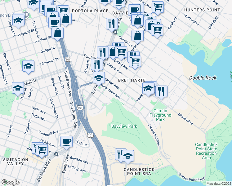 map of restaurants, bars, coffee shops, grocery stores, and more near 1030 Jamestown Avenue in San Francisco