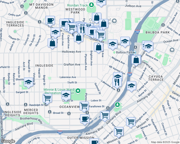 map of restaurants, bars, coffee shops, grocery stores, and more near 39 Brighton Avenue in San Francisco