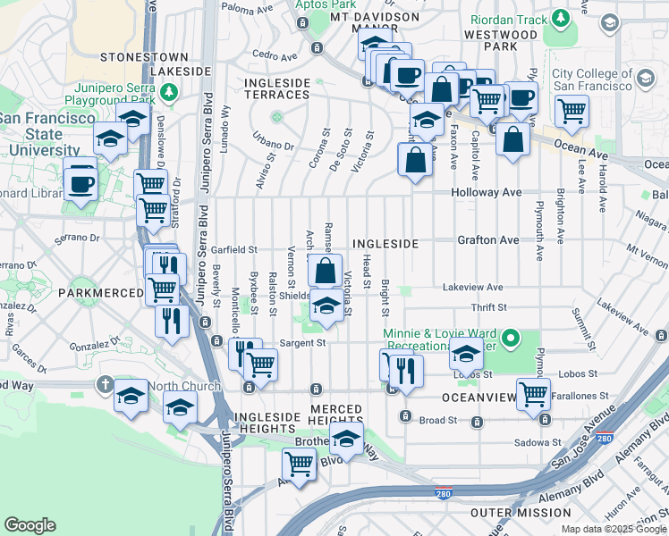 map of restaurants, bars, coffee shops, grocery stores, and more near 460 Ramsell Street in San Francisco