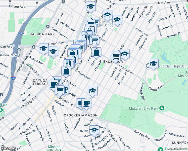 map of restaurants, bars, coffee shops, grocery stores, and more near 665 Madrid Street in San Francisco