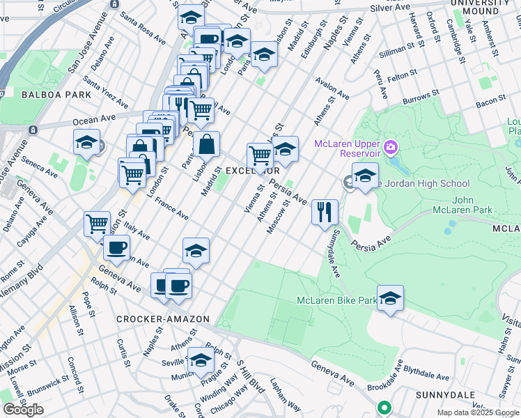 map of restaurants, bars, coffee shops, grocery stores, and more near 2 Athens Street in San Francisco