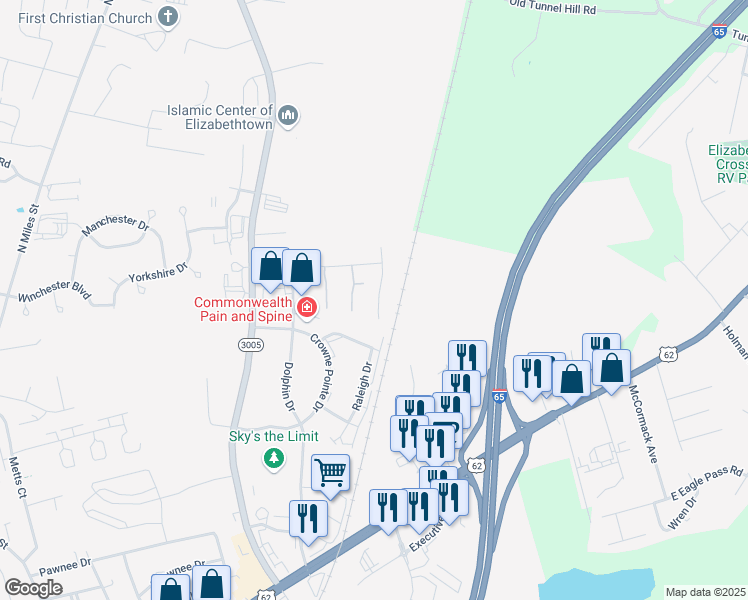 map of restaurants, bars, coffee shops, grocery stores, and more near 108A Crimson Creek Court in Elizabethtown