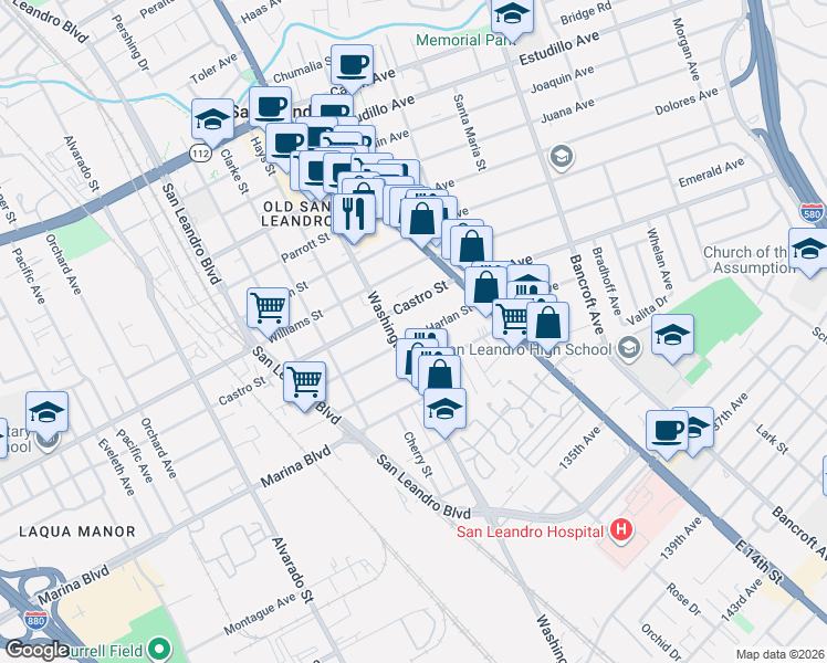 map of restaurants, bars, coffee shops, grocery stores, and more near 120 Harlan Street in San Leandro