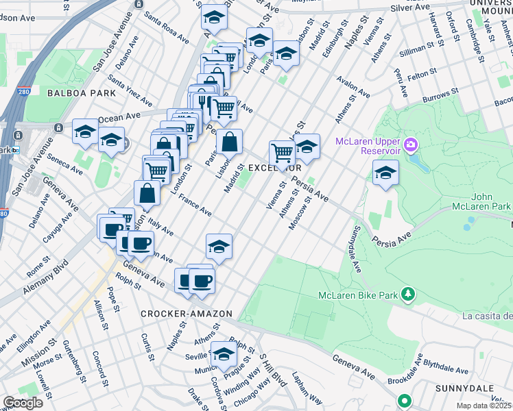 map of restaurants, bars, coffee shops, grocery stores, and more near 622-624 Naples Street in San Francisco