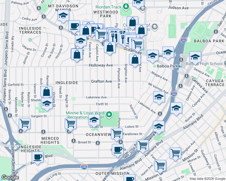 map of restaurants, bars, coffee shops, grocery stores, and more near 42 Granada Avenue in San Francisco