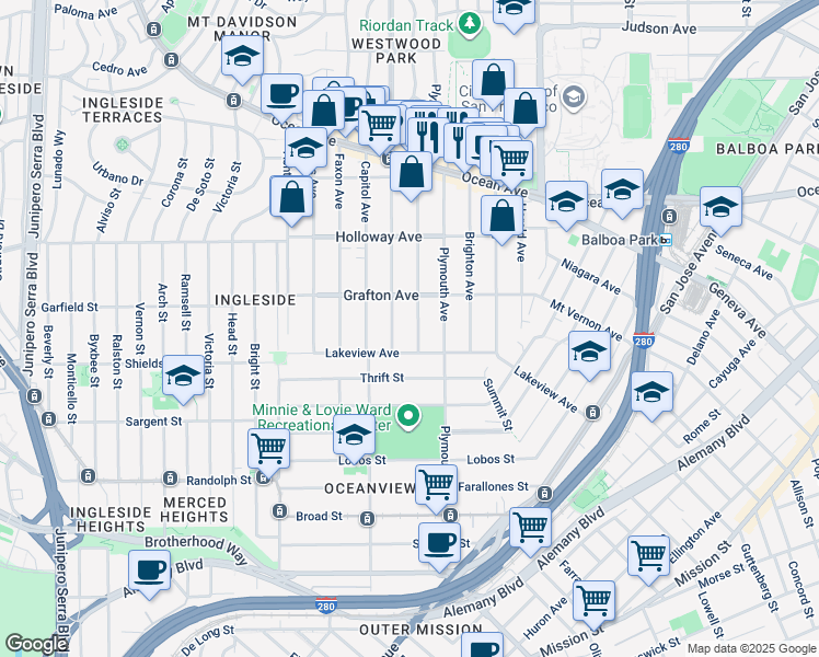 map of restaurants, bars, coffee shops, grocery stores, and more near 42 Granada Avenue in San Francisco
