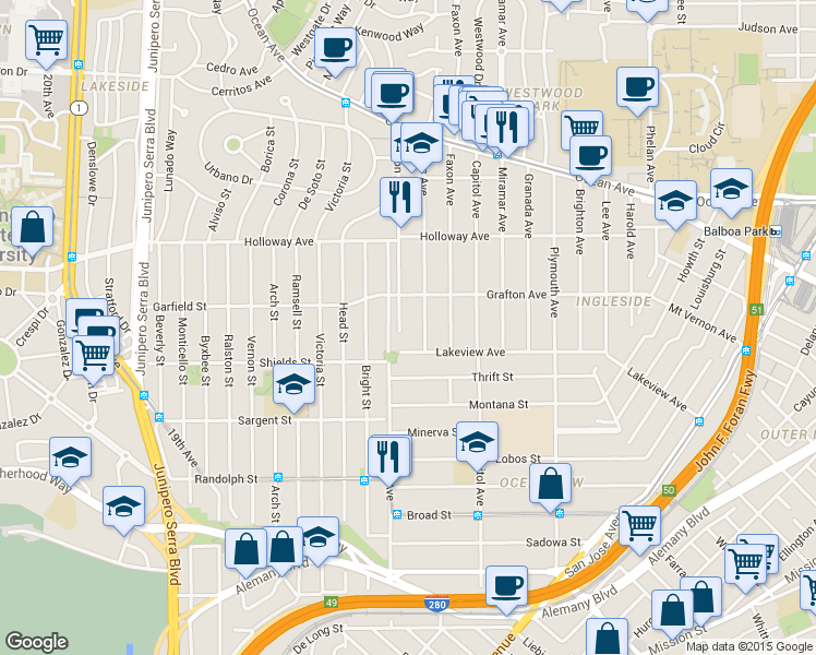 map of restaurants, bars, coffee shops, grocery stores, and more near 43 Jules Avenue in San Francisco