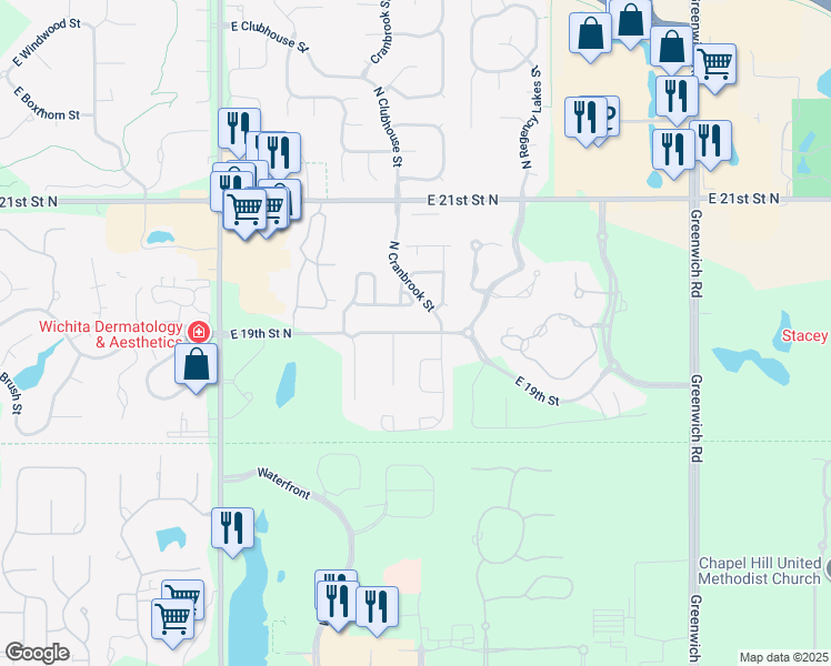 map of restaurants, bars, coffee shops, grocery stores, and more near 10306 East 19th Street North in Wichita