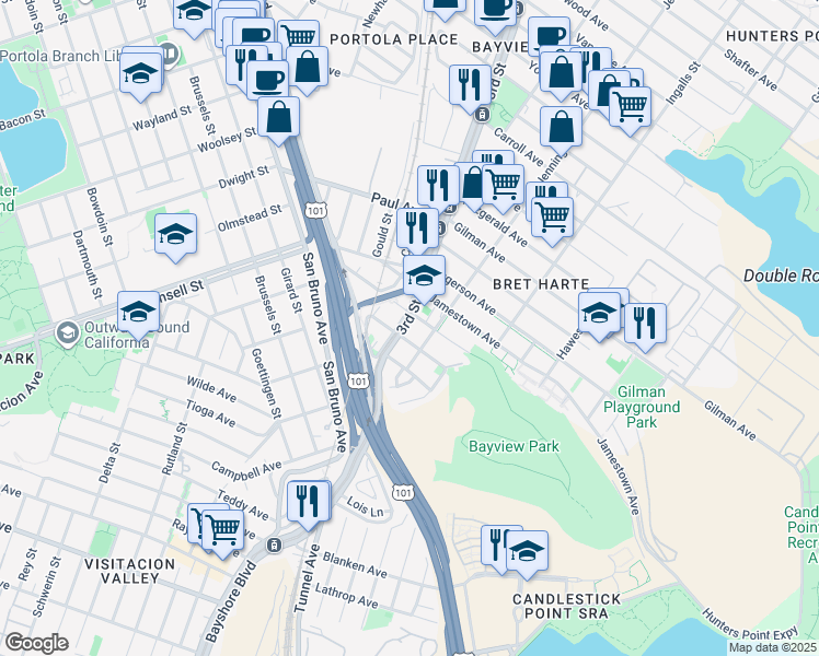 map of restaurants, bars, coffee shops, grocery stores, and more near 6523 3rd Street in San Francisco