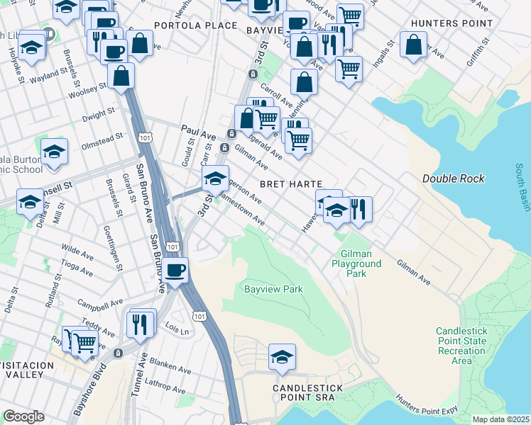 map of restaurants, bars, coffee shops, grocery stores, and more near 3212 Ingalls Street in San Francisco