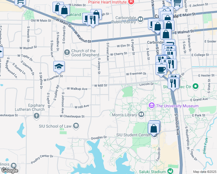 map of restaurants, bars, coffee shops, grocery stores, and more near 825 West Mill Street in Carbondale