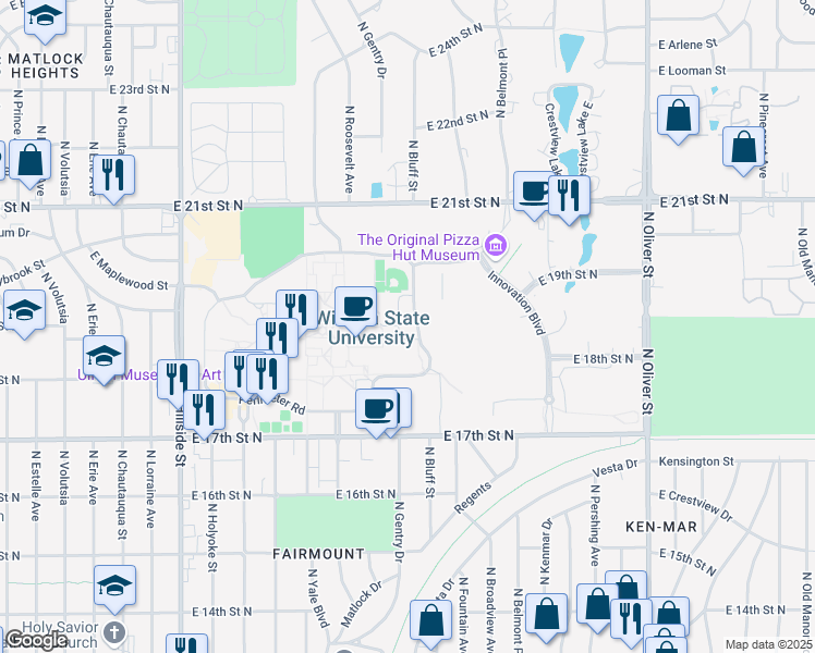 map of restaurants, bars, coffee shops, grocery stores, and more near 1900 Research Place in Wichita