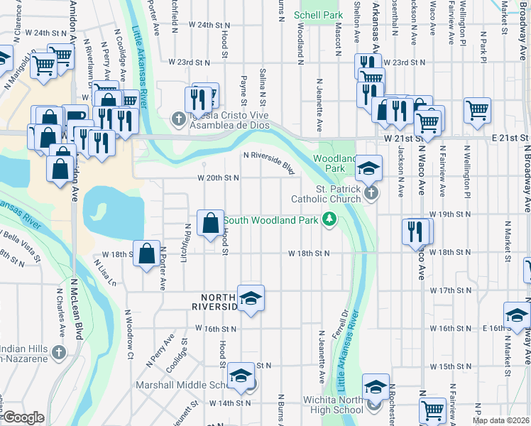 map of restaurants, bars, coffee shops, grocery stores, and more near 2002 North Salina Avenue in Wichita