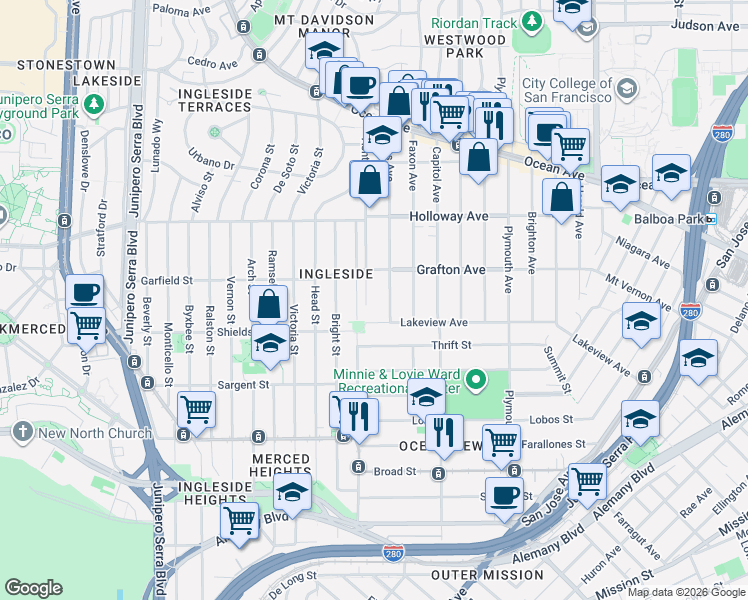 map of restaurants, bars, coffee shops, grocery stores, and more near 43 Jules Avenue in San Francisco