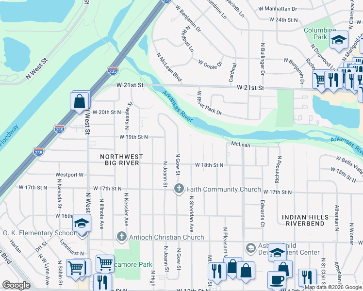 map of restaurants, bars, coffee shops, grocery stores, and more near 1944 North Gow Street in Wichita