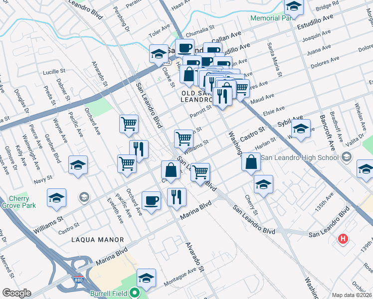 map of restaurants, bars, coffee shops, grocery stores, and more near 1795 Carpentier Street in San Leandro