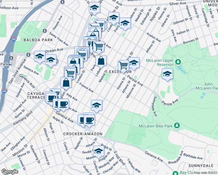 map of restaurants, bars, coffee shops, grocery stores, and more near 622 Naples Street in San Francisco
