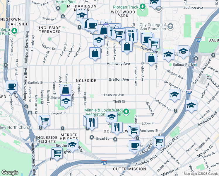 map of restaurants, bars, coffee shops, grocery stores, and more near 242 Faxon Avenue in San Francisco