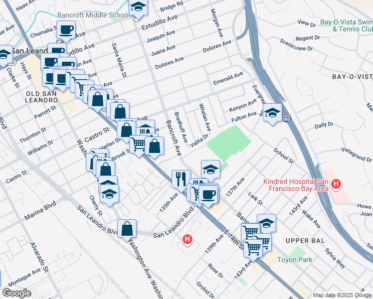 map of restaurants, bars, coffee shops, grocery stores, and more near 2195 Bradhoff Avenue in San Leandro