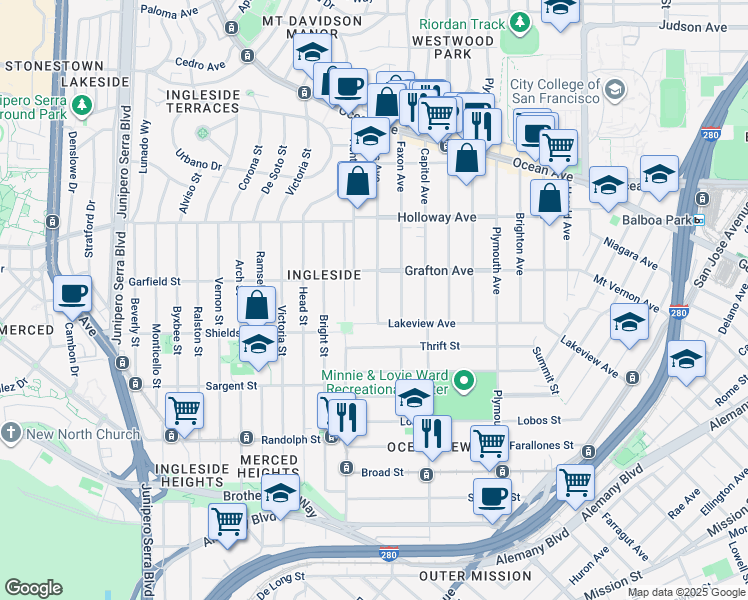 map of restaurants, bars, coffee shops, grocery stores, and more near 43 Jules Avenue in San Francisco