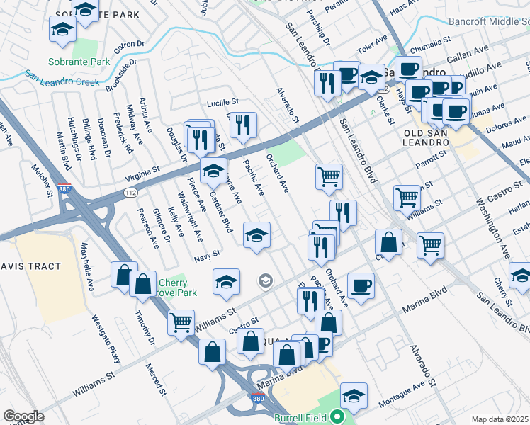 map of restaurants, bars, coffee shops, grocery stores, and more near 1437 Pacific Avenue in San Leandro