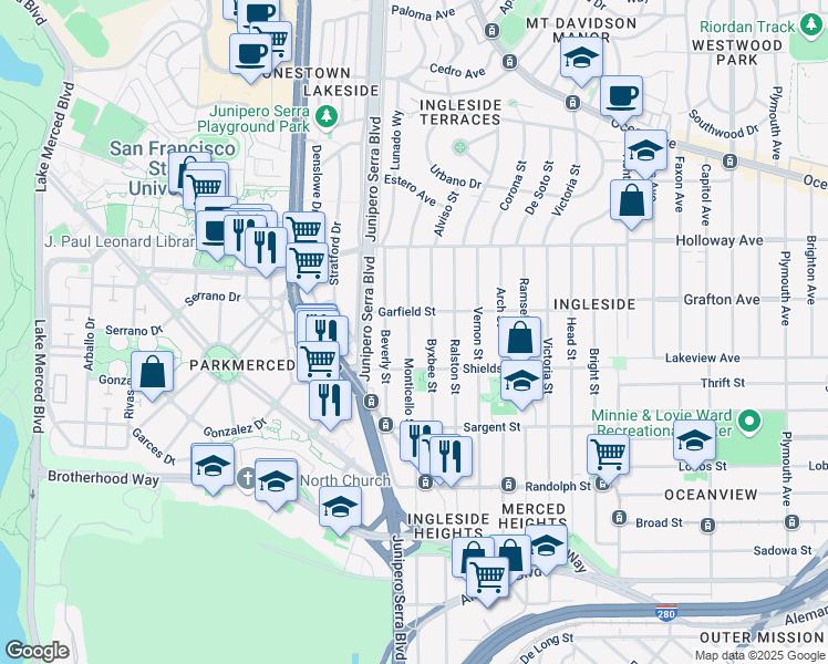map of restaurants, bars, coffee shops, grocery stores, and more near 262 Monticello Street in San Francisco