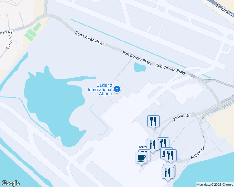 map of restaurants, bars, coffee shops, grocery stores, and more near 1 Airport Drive in Oakland