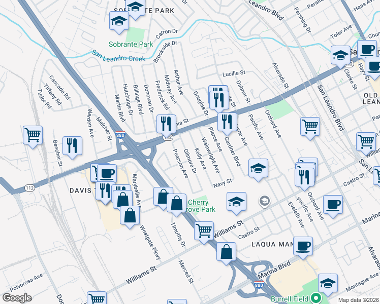 map of restaurants, bars, coffee shops, grocery stores, and more near 1338 Gilmore Drive in San Leandro