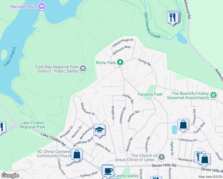 map of restaurants, bars, coffee shops, grocery stores, and more near 4157 Krolop Road in Castro Valley