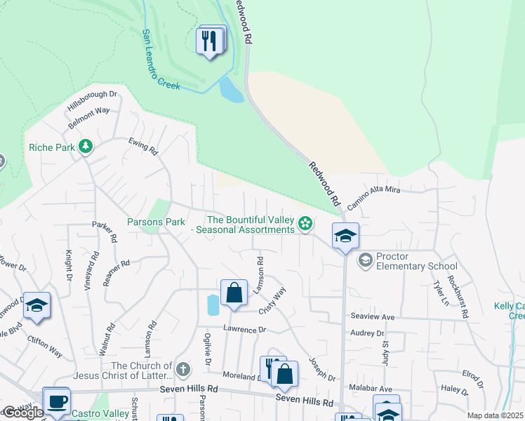 map of restaurants, bars, coffee shops, grocery stores, and more near 17761 Camelot Ln in Castro Valley