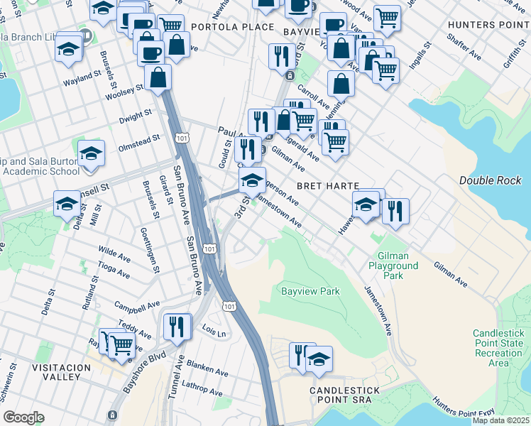 map of restaurants, bars, coffee shops, grocery stores, and more near 3311 Jennings Street in San Francisco