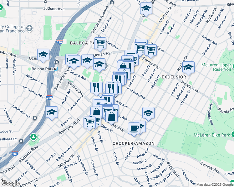 map of restaurants, bars, coffee shops, grocery stores, and more near 4961 Mission St in San Francisco