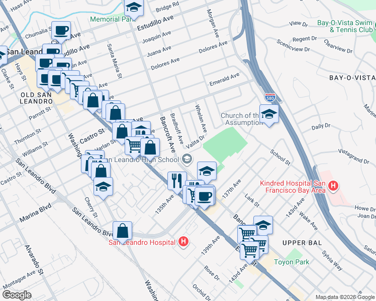 map of restaurants, bars, coffee shops, grocery stores, and more near 623 Valita Drive in San Leandro